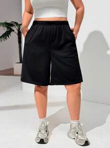 SHEIN EZwear Plus Size Black & White Loose Fit Slit Athletic Biker Shorts For Summer