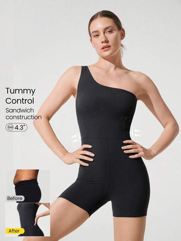 GLOWMODE 4.3" FeatherFit™ One Hit Wonder Tummy Control Removable Cups One Shoulder Romper Low Impact Yoga Pilates Barre Studio Daily Casual Wear