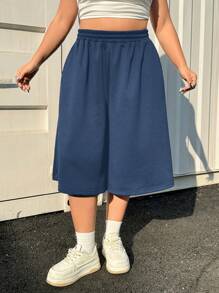 SHEIN EZwear 大码休闲超宽蓝色七分裤长运动短裤，春夏 - 藍色 - 查看 1