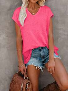 EMERY ROSE Women's Summer Plain V-Neck Batwing Short Sleeve Casual T-Shirt