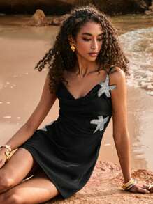 Poéselle Women's Elegant Sequins Stars Decor Spaghetti Strap Summer Dress - Black - View 5