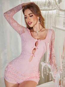 Miss Vinta 女士性感蕾丝连体裤，镂空蝴蝶结装饰 - 粉色 - 查看 6