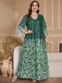 SHEIN Lacomfia 女式 V 领泡泡袖花卉印花优雅浪漫连衣裙，大码，休闲日常 - 彩色 - 查看 6