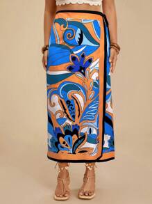 Travachic Plus Size Women's Casual Tropical Print Asymmetric Black Palm Tree Parrot Pattern Tie Waist Skirt - Blue - View 4