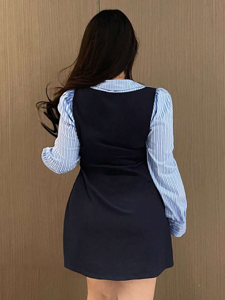 Striped Splicing Lace-Up Long Sleeve Bodycon Short Dress, Minimalist Style For Spring/Summer