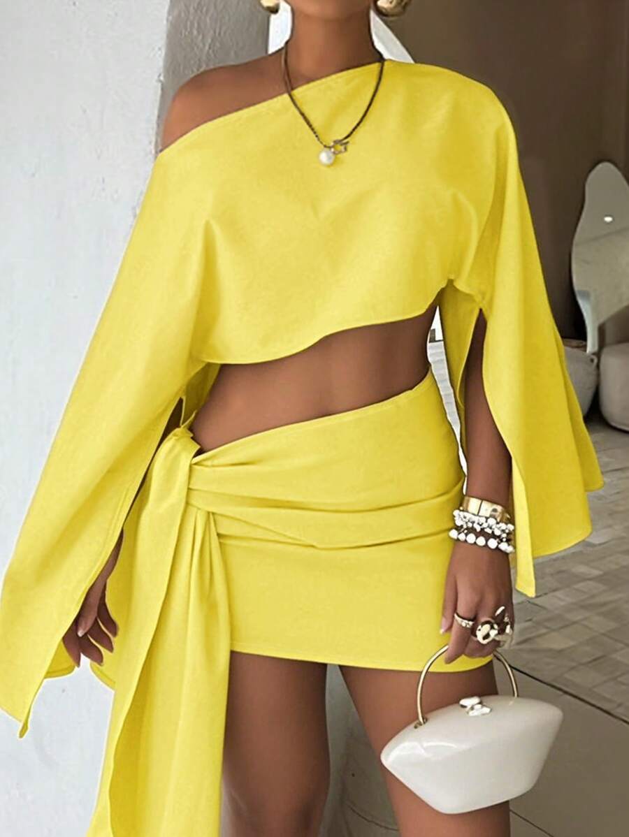 Chic Solid Asymmetrical Top & Skirt Set main image 0