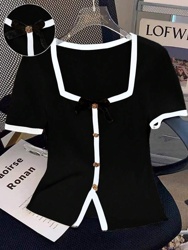 Regalyn Tricou de damă Plus Size, cu mânecă scurtă, cu nasturi metalici și paiete, decorat cu fundă, guler rotund, potrivit pentru vacanța de vară