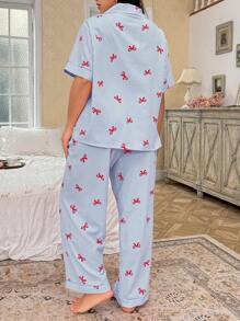 CottageSlumber Conjunto de pijama de pantalón y blusa de manga corta con estampado de rayas y moño, talla grande - Multicolor - Ver 2