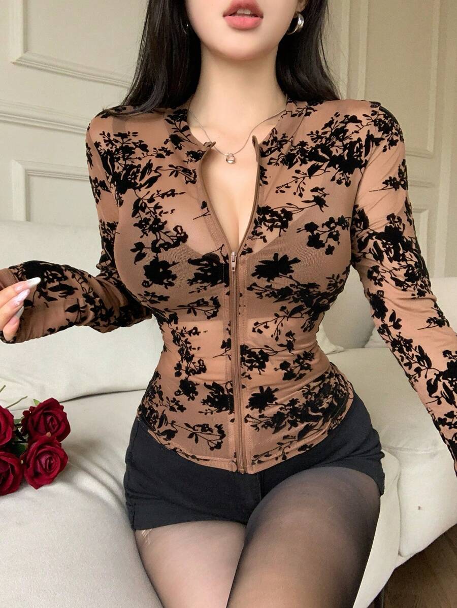 DAZY 透明蕾丝和花卉植绒边开衫衬衫，长袖女式上衣，秋季女装 - 棕色 - 查看 1