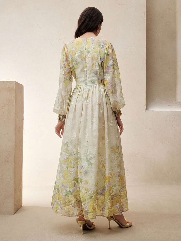 Ditsy Floral Elegant Long Sleeve V-Neck Belted Maxi Dress For Women