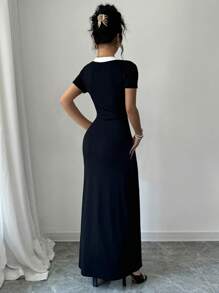 SHEIN PETITE Women Front Button 2-Tone Short Sleeve Dress - Black and White - View 2