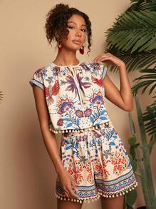 Travachic Women 2pcs Set: Woven Printed Crop Loose Shirt & High Waist Wide Leg Shorts,Summer Outfits For Women,Beachwear,Spring And Summer,Easter,Holiday Outfits,Beach Outfits For Woman,Spring Break,Vacation Outfits Women,Concert Outfit Women,BOHO,Bohemia,Music Festival,4th Of July Outfits,Tropical Vacation Woman Clothes