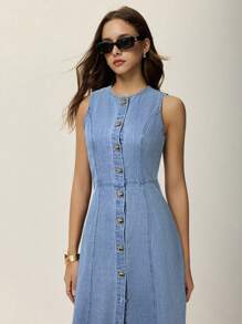 Poéselle Women Solid Color Round Neck Button Front Slit Sleeveless Denim Dress