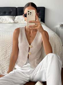 Siren Gaze 秋冬女士纯色优雅花卉纽扣针织背心