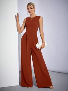 SHEIN Tall 休闲优雅无袖阔腿黑色连体裤 - 鏽棕色 - 查看 7