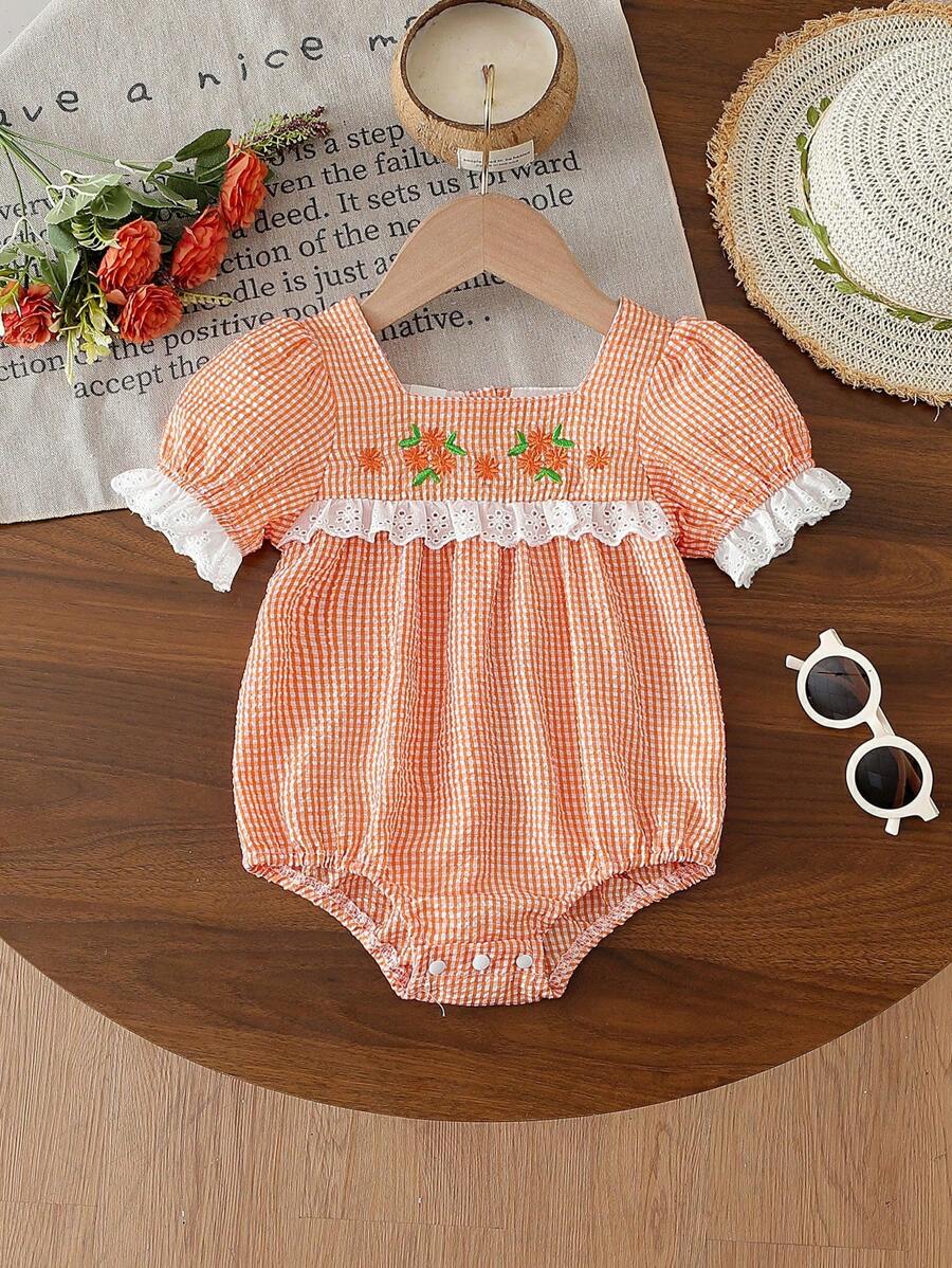Baby Girl Cute Plaid Floral Embroidery Bodysuit, Spring/Summer - Orange - View 1