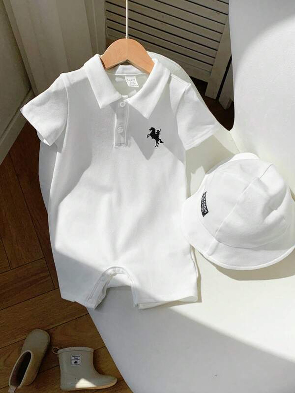 SHEIN Set de 2 piezas para bebé recién nacido niño/niña con trajecito de una pieza de manga corta con cuello y sombrero tipo sol con estampado retro de caballos, cómodo para interior, exterior, uso diario, deportes, juego, fiesta, sesión de fotos, vacaciones, primavera/verano