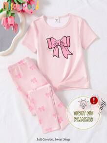 SHEIN 年轻女孩两件套睡衣套装，浅粉色短袖上衣，蝴蝶结设计，搭配长裤，休闲舒适睡衣