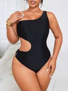 Swim Vcay Plus Size Women Solid Color One Shoulder Vacation One Piece Swimsuit For Summer - Black - View 3