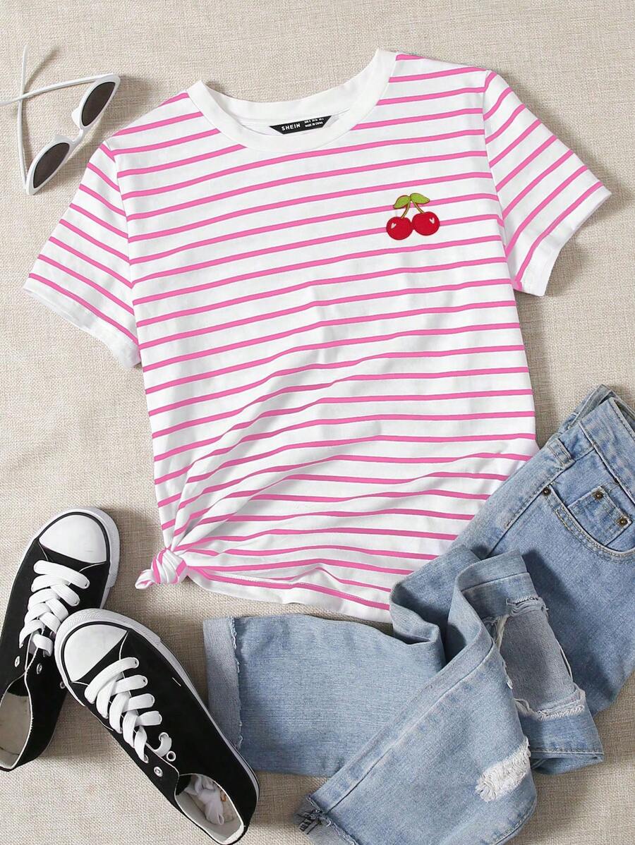 SHEIN EZwear 休闲简约粉白条纹樱桃刺绣图案圆领短袖宽松女式T恤,适合夏季 - 彩色 - 查看 1