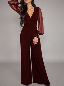 Women's Deep V-Neck Long Sleeve Mesh Patchwork Jumpsuit Fall Cloth For Women - Red - View 1