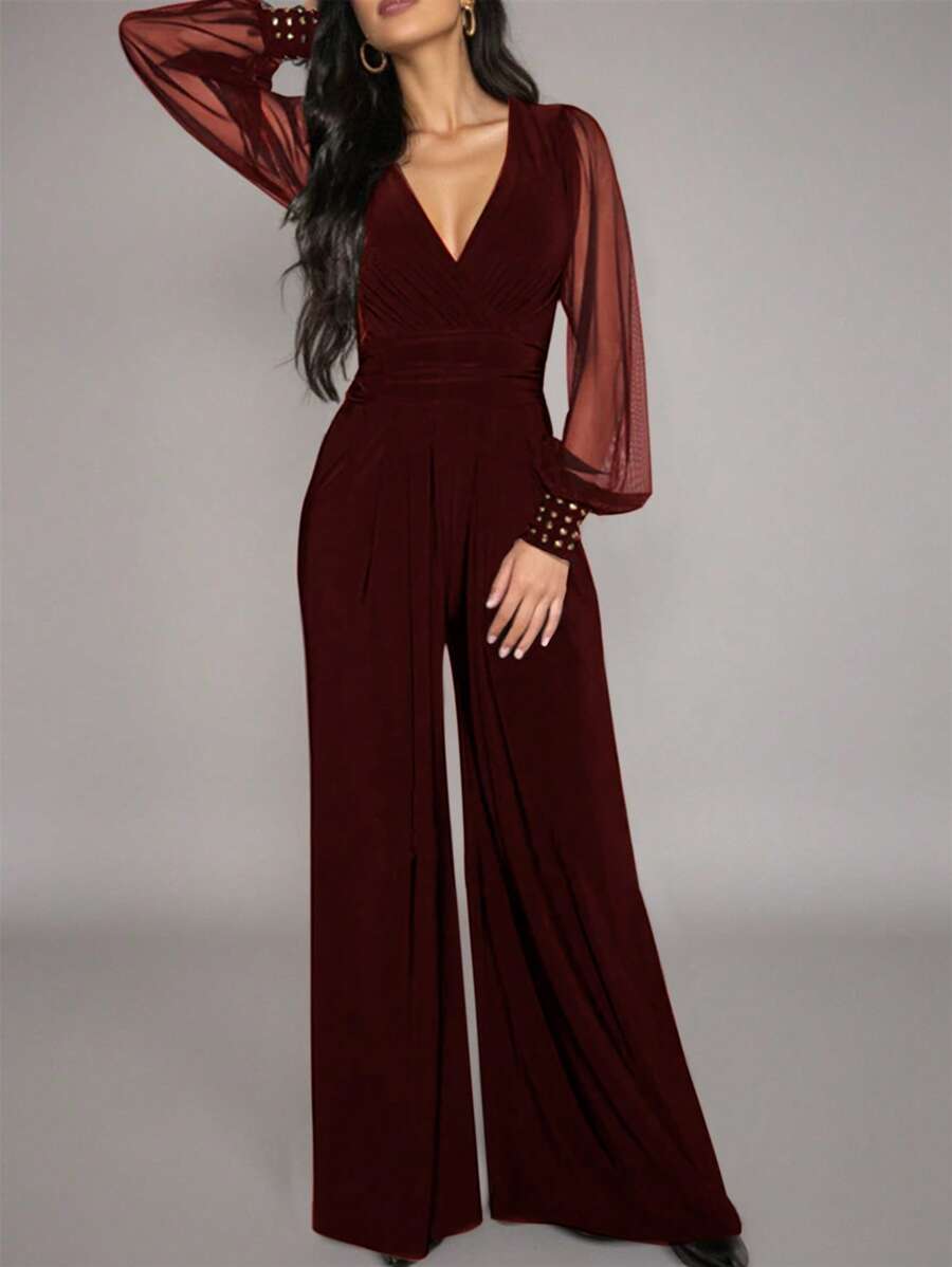 Women's Deep V-Neck Long Sleeve Mesh Patchwork Jumpsuit Fall Cloth For Women - Red - View 1