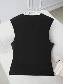Flirla Women's Commuter Elegant Design Arcuate Split Vest Jacket, Button Pocket Decor Black Round Neck Open Front Top