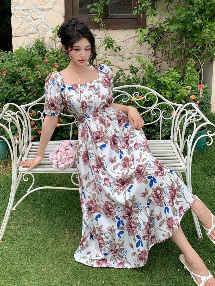 Spring/Summer Vacation Floral Print Shirred Tie Waist Mid-Long Dress For Women,Teacher Outfits Easter Boho