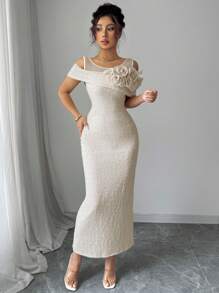 Modelyn Solid Color Mesh Splice & 3D Flower Decor Shoulder-Revealing Mid-Calf Dress For Women - Apricot - View 9