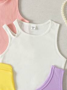 SHEIN 4pcs Tween Girl Fitted Casual Candy Color Comfortable Soft Multi-Pack Tank Tops, School, Campus, College - White - View 4