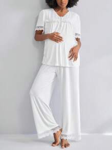 Moonlight&Mama Bộ đồ ngủ ngắn tay cho bà bầu, 2 món, có ren và cúc, đồ mặc nhà thời trang. - trắng - Xem 1