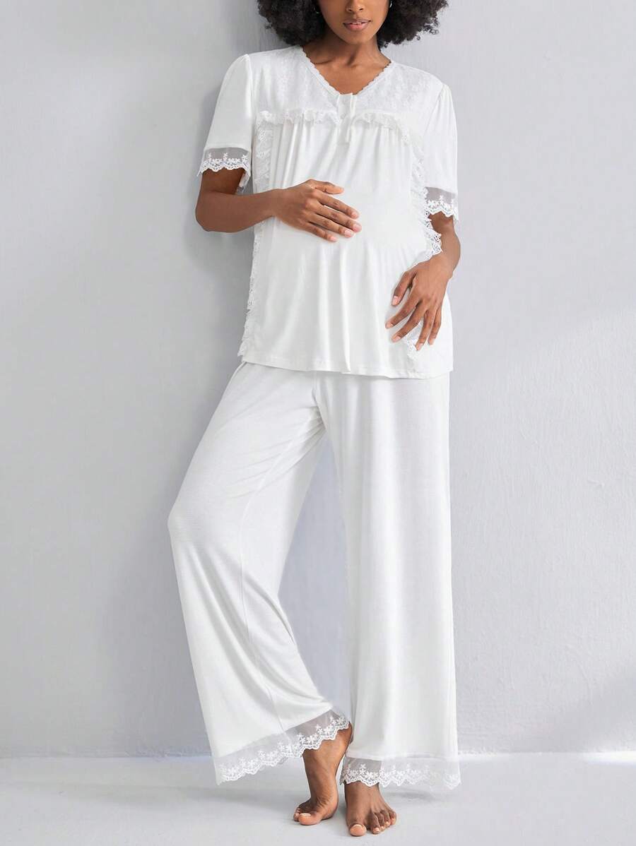 Moonlight&Mama Bộ đồ ngủ ngắn tay cho bà bầu, 2 món, có ren và cúc, đồ mặc nhà thời trang. - trắng - Xem 1