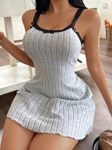 SHEIN Cozy Ribbed Knit Lace Trim Spaghetti Strap Mini Nightgown - Grey - View 3