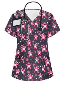 Women's V-Neck Cartoon Print Short Sleeve Pocket Scrub Top - Multicolor - View 1