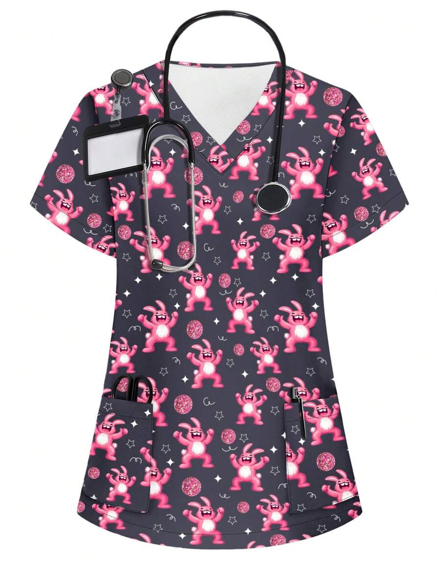 Women's V-Neck Cartoon Print Short Sleeve Pocket Scrub Top - Multicolor - View 1
