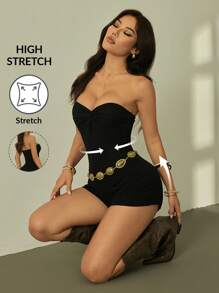 SHEIN PETITE Váy ngắn đơn sắc ống xoắn thường ngày cho nữ - màu đen - Xem 4