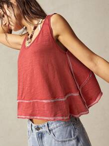 Bohemela Áo ba lỗ dệt kim màu trơn cổ chữ V viền bất đối xứng cho nữ - Đỏ - Xem 5