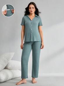 纯色罗纹 V 领短袖上衣和长裤孕妇休闲套装