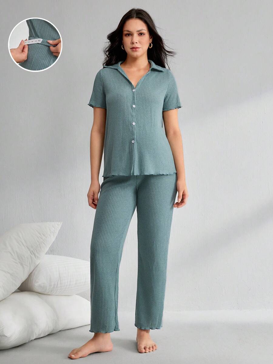 纯色罗纹 V 领短袖上衣和长裤孕妇休闲套装