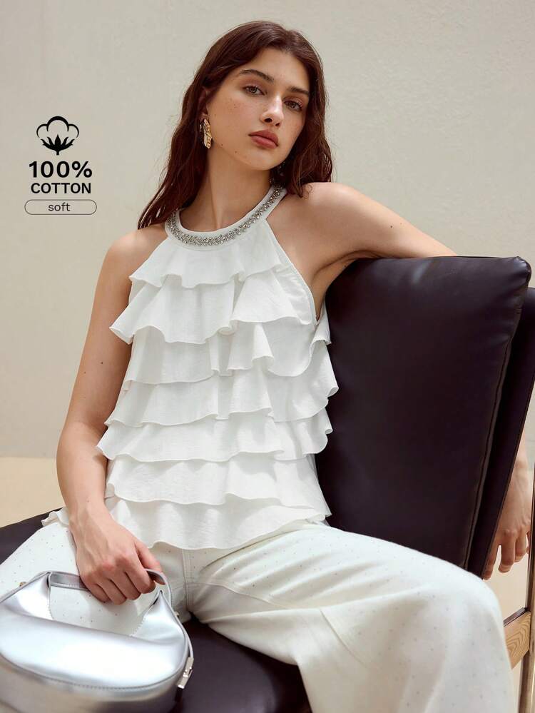 MOTF STUDIO RUFFLE TIERED LAYER HALTER TOP