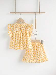 Loomiva Young Girls Ditsy Floral Ruffle Short Sleeve Top And Ruffle Hem Skirt 2pcs Sets, Spring/Summer