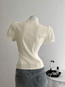 Elamini Women's Solid Color Minimalist Short Sleeve Blouse - Apricot - View 2