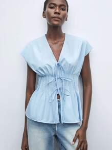 Maija 2025 Autumn/Winter New Blue Front Tie Bow Waist Pleated Shoulder Puff Sleeve Women's Blouse, Fashion, Elegant, Urban Romantic, Western Punk, Y2K, Country Music Festival, Vintage, Korean, Airport Travel, Street, Wedding Guest, Birthday, Halloween, Business Casual, Office, Date, Party, Outing, Back To School