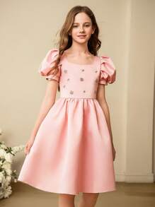 SHEIN Robe de fête mi-longue élégante et luxueuse aux manches bouffantes roses, convient pour les fêtes, les mariages, les vacances, les anniversaires et plus encore - Rose bonbon - Voir 5