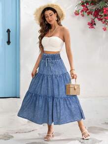 Vivid Eden 宽松休闲松紧腰女式长款牛仔裙，蓝色 - 淺色水洗藍 - 查看 4