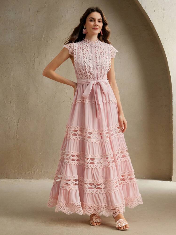 Anewsta Vestido longo elegante de renda com cor sólida e recortes para mulheres, Verão, Praia, Feriado, Casual - Rosa chiclete - Visão 5