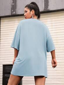 Flirla Plus Size Women Solid Color Round Neck Drop Shoulder Casual Loose T-Shirt - Baby Blue - View 2