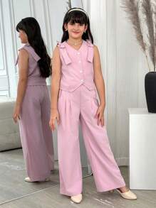 Sparklyn 女童蝴蝶结开衫背心和宽松阔腿休闲裤套装