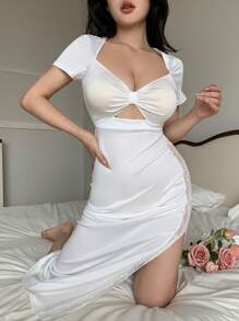 Snug Zone Knitted Lace Women Summer Nightgown, Fashionable - White - View 5