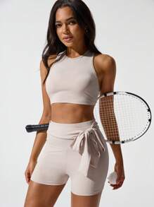 Hanevo 2pcs Women Solid Color Round Neck Sleeveless Cropped Top And Shorts Set Sportwear For Daily Wear - Apricot - View 6